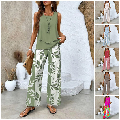 🌴 50% RABATT NU!👗 Damtrendigt Tryckt 2-Delars Set – Ärmlös Top & Byxor – Mühelös Semesterstil ✨