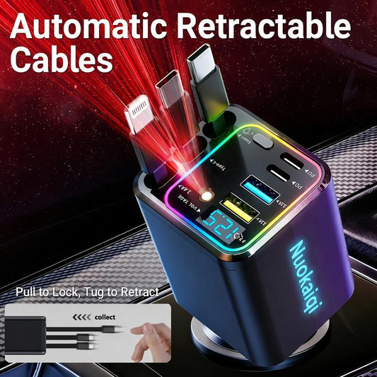 🔥🎁Nyhet 50 % RABATT🔥🎁Tidsbegränsat exklusivt erbjudande! ⏰Snabbladdande 7-i-1-laddare med utdragbar kabel och spänningsdisplay – USB-C för Android och Lightning för Apple🔋📱