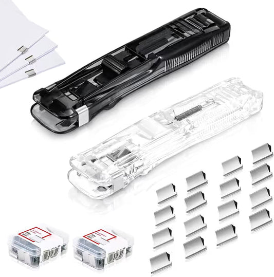 🔥🎁Nyhet 50 % RABATT🔥📎 2-pack bärbar häftklammerdispenser med bindarklämmor + 100 klämmor – Icke-destruktiv pappersklämdispenser för kontoret, hemmet och skolan 🏫✏️
