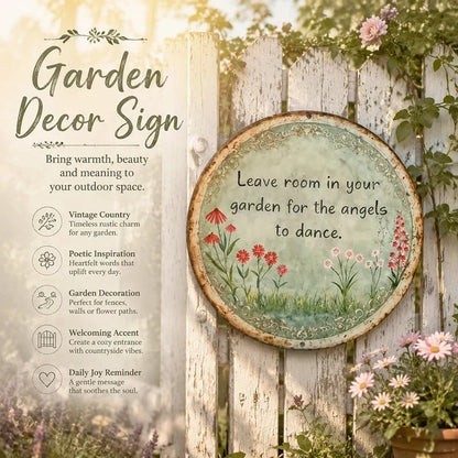 🌸 50 % RABATT NU! 🌿 Rund Trädgårdsskylt i Metall – “Leave Room in Your Garden for the Angels to Dance” ✨