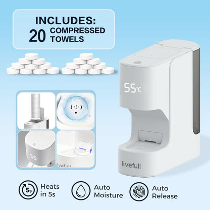 🔥🎁Nyhet 50 % RABATT🔥Livefull Smart Hot Face Towel Heater Machine CL01 – 5 sekunders snabb uppvärmning & konstant temperatur på 55°C, automatisk handdukdistribution med smarta röstmeddelanden, inklusive 20 komprimerade handdukar.