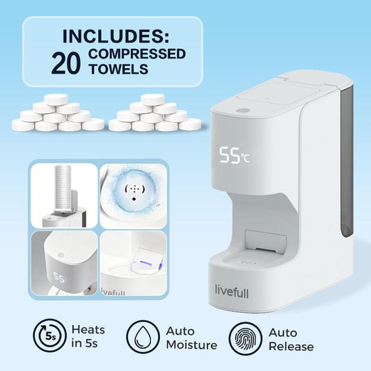 🔥🎁Nyhet 50 % RABATT🔥Livefull Smart Hot Face Towel Heater Machine CL01 – 5 sekunders snabb uppvärmning & konstant temperatur på 55°C, automatisk handdukdistribution med smarta röstmeddelanden, inklusive 20 komprimerade handdukar.