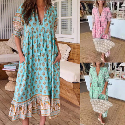 🔥🎁Nyhet 50 % RABATT🔥Boho blommig V hals hög midja A-Line Swing klänning