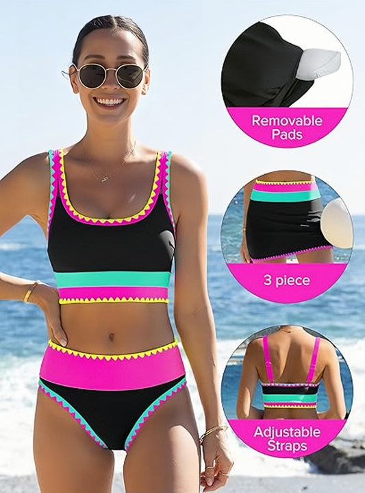 🔥🎁Nyhet 50 % RABATT🔥🌼 Färgblockerad Sportig 3-delars Bikiniset i Nylon – Högmidja med Magekontroll 👙