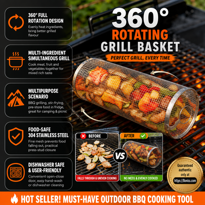 🔥🎁Nyhet 50 % RABATT🍖 Tidsbegränsat BBQ-erbjudande – 360° rullande grillkorg | Grillkorg med non-stick-beläggning för kött, grönsaker & annat