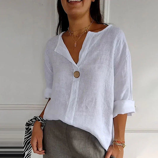 🔥🎁Nyhet 50 % RABATT🔥👚 Bekväm topp med V-ringad hals i linne och bomull för kvinnor