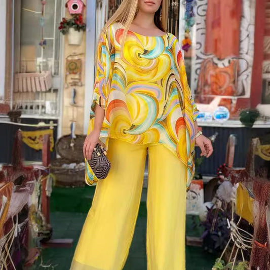 🔥🎁Nyhet 50 % RABATT🔥💐✨Ladies Sommar Färgglad Cool Chiffong Tvådelat Set✨