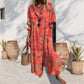 Fashion Printed Ruffle-Sleeve V-Neck Button-Down Dress