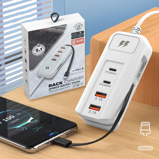 ⚡ 50% RABATT – Multifunktionell Snabbladdare med 2PD + 2USB! 🔌📱 66W, Inbyggd Type-C-kabel & Säker Laddning för 4 Enheter Samtidigt