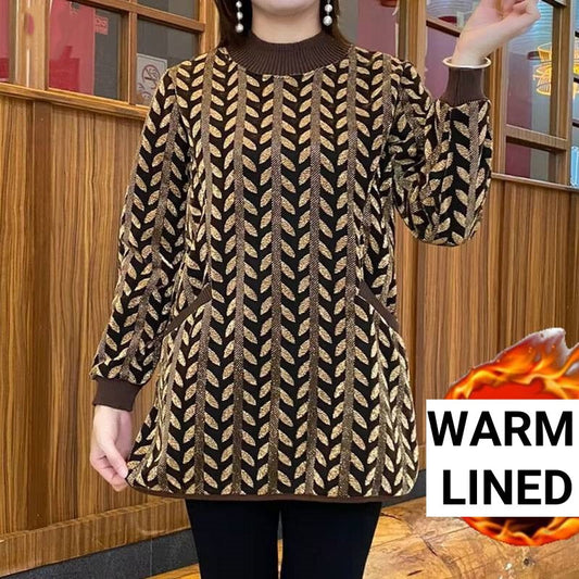 Trendig varmfodrad långärmad topp med fickor för kvinnor