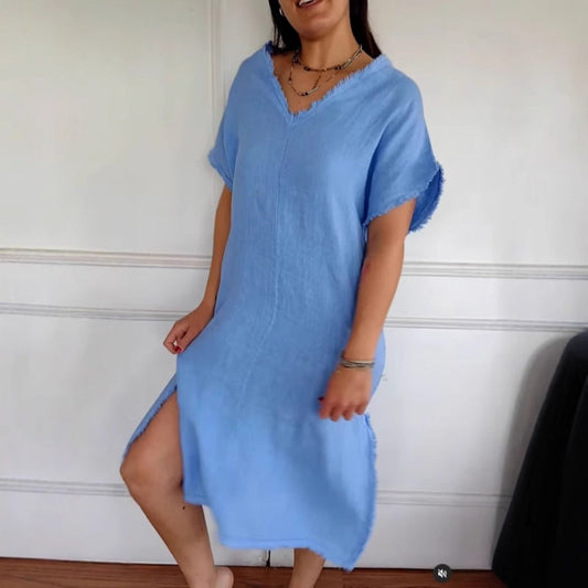 ✨Spring New✨Casual bomull linne V-hals klänning med tofs och slits