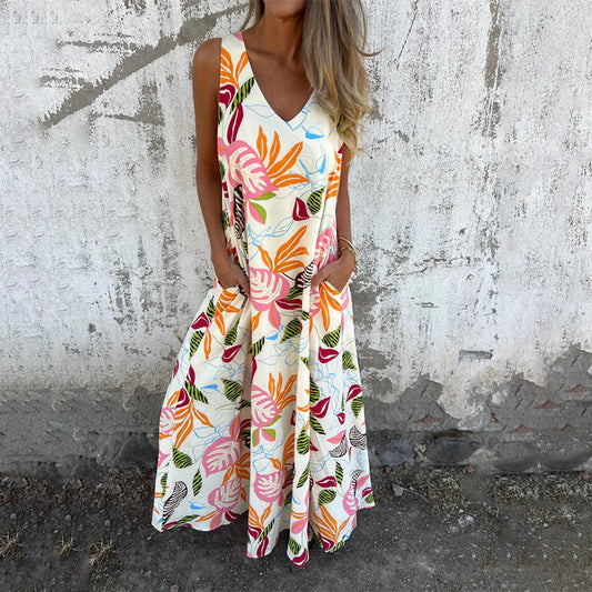 🌸Spring Specials💐 V-ringad ärmlös golvlång klänning med bladmönster för kvinnor