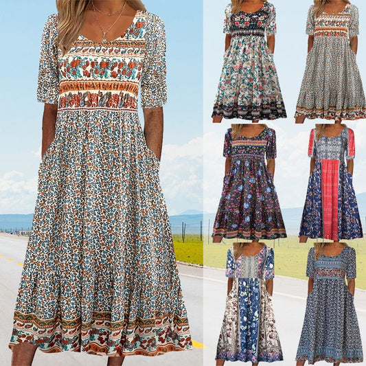 🔥🎁Nyhet 50 % RABATT🔥🌸✨ Elegant klänning med bohemtryck för kvinnor