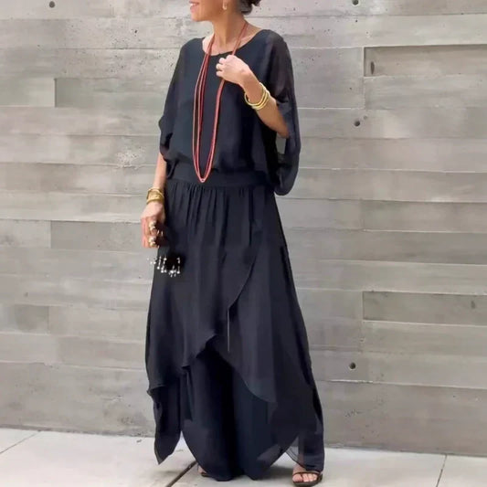 🔥🎁Nyhet 50 % RABATT🔥Lös topp & byxor med vida ben Chiffon 2-delat set