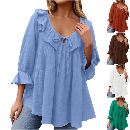 🎁 Hot Sale 49% OFF 🔥Kvinnor 3/4 ärm slips fram Ruffle Tiered skjortor