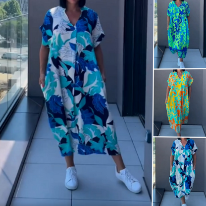 👗50% RABATT! 🌸 Elegant V-halsad Klänning med Tryck för Kvinnor – Flytande Tyg, Smickrande Passform & Perfekt för Våren ☀️