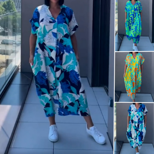 👗50% RABATT! 🌸 Elegant V-halsad Klänning med Tryck för Kvinnor – Flytande Tyg, Smickrande Passform & Perfekt för Våren ☀️
