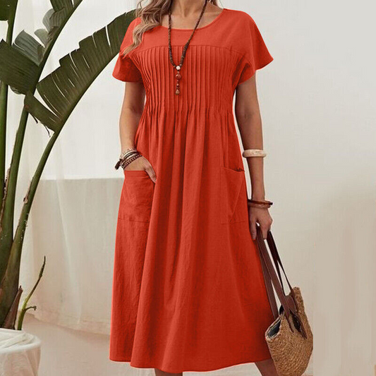 👗 50% RABATT! ✨ Plisserad Klänning för Kvinnor med Korta Ärmar & Fickor – Bomull-Linneblandning, Bekväm & Perfekt för Sommar ☀️
