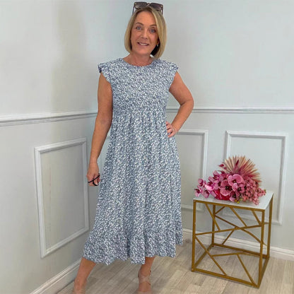 🔥🎁Nyhet 50 % RABATT🔥💃 Elegant blommig klänning med hög midja och manschetter för damer