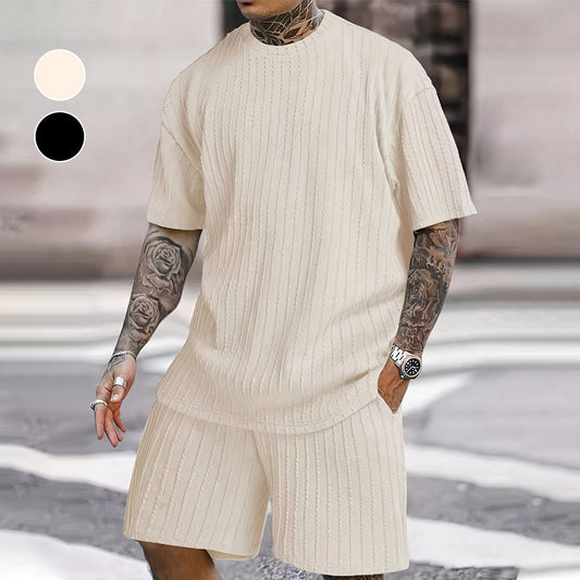 🔥🎁Nyhet 50 % RABATT🔥Herr sommar 2-delat set - T-shirt med droppe axlar och shorts med dragsko