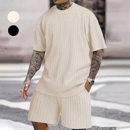 👕 50% RABATT NU! 🌆 Herr Sommar 2-delat Set – Drop Shoulder T-shirt & Dragsko Shorts – Avslappnad Passform, Vertikala Ränder & Streetwear Vibe 🔲