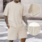 👕 50% RABATT NU! 🌆 Herr Sommar 2-delat Set – Drop Shoulder T-shirt & Dragsko Shorts – Avslappnad Passform, Vertikala Ränder & Streetwear Vibe 🔲