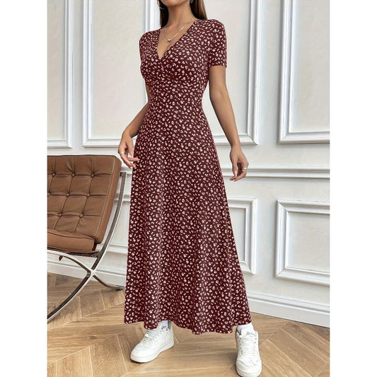 🔥🎁Nyhet 50 % RABATT🔥🌺Maxiklänning med blommig v-ringning för kvinnor, avslappnad💃