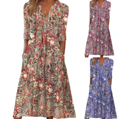 🔥🎁Nyhet 50 % RABATT🔥Löst sittande klänning med V-ringning och blommönster för damer