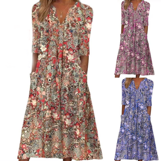 🔥🎁Nyhet 50 % RABATT🔥Löst sittande klänning med V-ringning och blommönster för damer