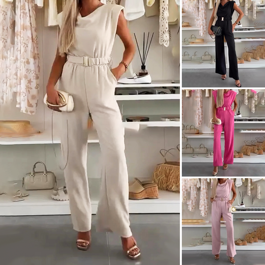 🔥🎁Nyhet 50 % RABATT🔥💃 Ärmlös jumpsuit för dam med draperad halsringning och fickor