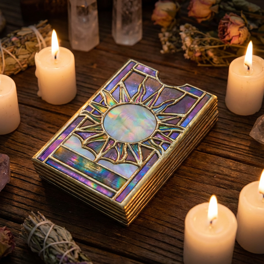 🔮✨Mystisk iriserande tarotkortshållare – Handgjord låda i målat glas med glittrande regnbågsfinish och heligt displayfönster! 🌈🔮