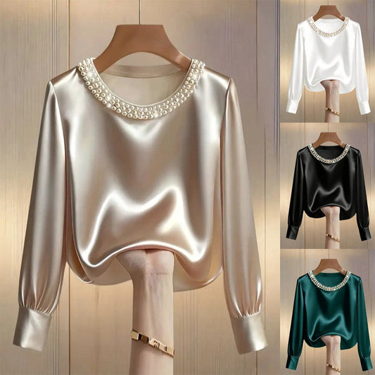 🌈✨Elegant syntetisk pärl-satinblus med rund hals för kvinnor