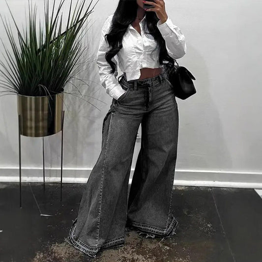 📢📢50 % rabatt!! ⏰Oversized jeans med hög midja och vida ben för dam