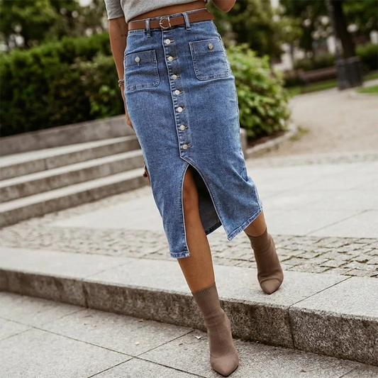 👗 50% RABATT! ⏳ Högmidjad Denimkjol med Knappar Fram – Klädsam A-linje, Justerbar passform & Klassisk stil 💙