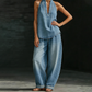 👖 50% RABATT ✨ | Set med Halterneck Topp & Vida Byxor – Vintage Denim