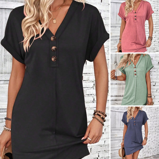 👗 50% RABATT ✨ | Enfärgad Knappklänning – V-ringning & Upprullade Ärmar