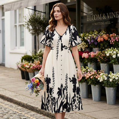 👗 50% RABATT NU! 🌿 Mjuk Klänning i Botaniskt Mönster med V-ringning & Medellång Kjol – Elegant, Lätt & Mångsidig För Alla Tillfällen 🌸