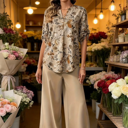 🥳REA 2026🥳💞Över 50 000 ✨Tvådelat set för damer: blommig blus och byxor med vida ben