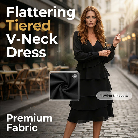 🔥🎁Nyhet 50 % RABATT🔥Elegant långärmad klänning med V-ringning och lager-på-lager-design