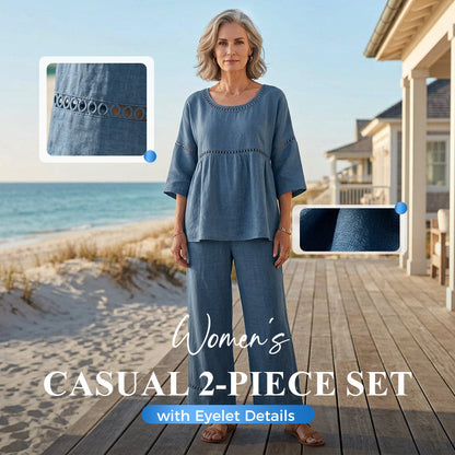 🔥🎁Nyhet 50 % RABATT🔥Casual tvådelat set för dam med hålbroderier