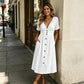 🔥🎁Nyhet 50 % RABATT🔥🌸 Avslappnad sommarchic – Sommarklänning med V-ringning och knappar för damer☀️