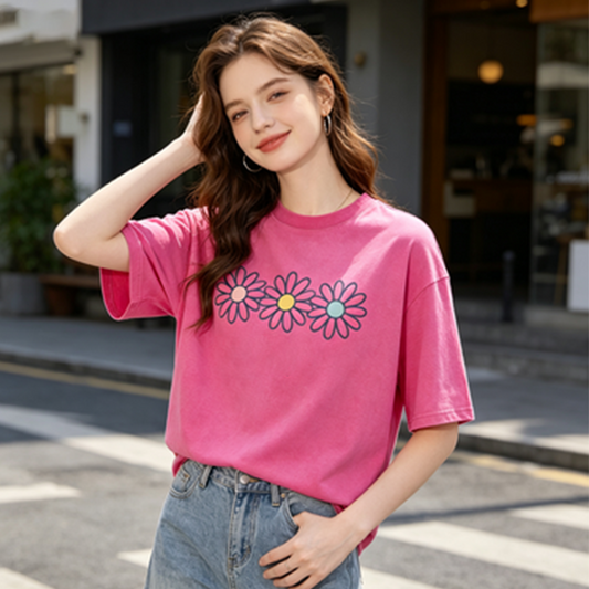 👚 50% RABATT NU!🌼 Vintage-tvättad Daisy T-shirt – Positiv Grafisk Print & Oversized Passform – Mjuk Andningsbar Bomullsblandning Casual Topp 🌈