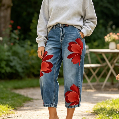 ✨ Damjeans med vida ben och blommönster – Unika applikationer, mjuka, 6 färger 🌸