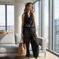 📢📢50 % RABATT !! ⏰ Ärmlös jumpsuit med krage – halterneck, vida ben, elegant 🍷