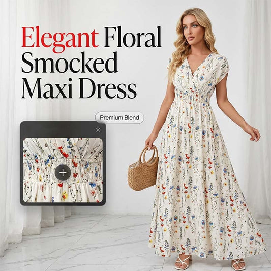👗 50 % RABATT NU! 🌸 Blommig V-ringad maxiklänning – elegant rynkad midja & premiumtyg, perfekt sommarfavorit ✨