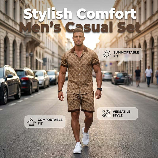 ☀️👕 Herr Tryckt 2-Delat Sommarset – Slim Fit Avslappnad Topp & Shorts Outfit