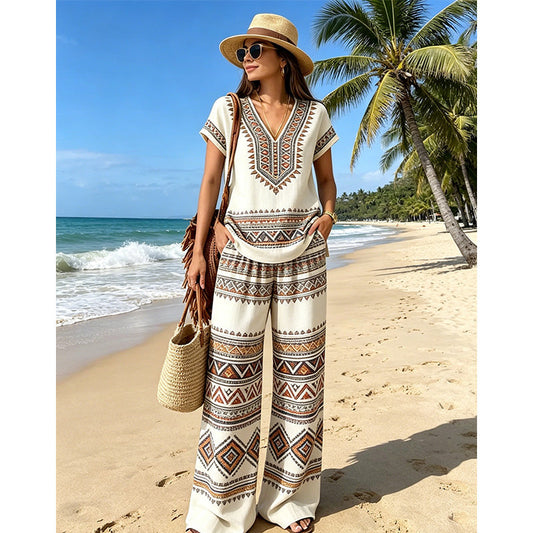 👚 50% RABATT! ⏰ Tvådelat set för dam – Tryckt topp & byxor – Mjukt, andningsbart & ledig passform – perfekt för sommar, resor eller en avslappnad dag 🌸👖