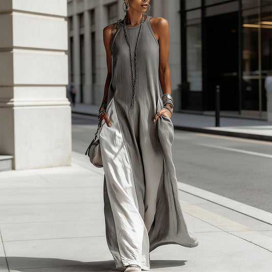 🔥🎁Nyhet 50 % RABATT🔥Damklänning i maxi med flödande ärmlös colorblock-design