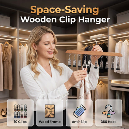 🏠 KÖP 2, FÅ 1 GRATIS! 👔 Multi-clip wooden hanger – Utrymmessparande klädhängare med 10 klämmor – Perfekt för kjolar, byxor eller accessoarer – håller garderoben snygg & organiserad ✨