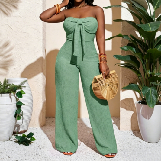 👗 50 % RABATT UNDER BEGRÄNSAD TID! 💥 Strapless jumpsuit för dam med hög midja och vida ben – bustier-överdel, rosettdetalj, strukturerad ✨